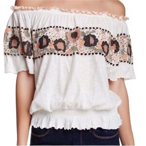 Free People Sienna White Embroidered Sequin Off Shoulder Crop Top - M
